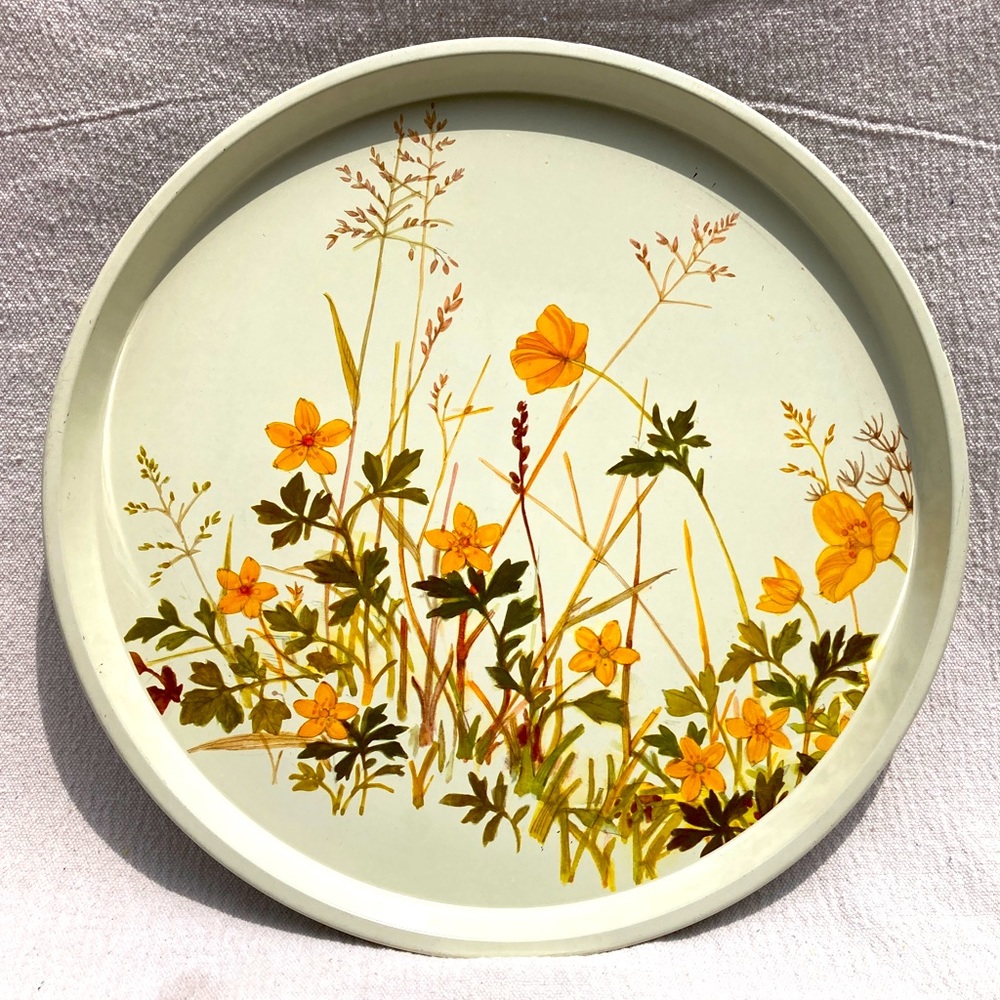 Vintage Yellow Floral Metal Tray